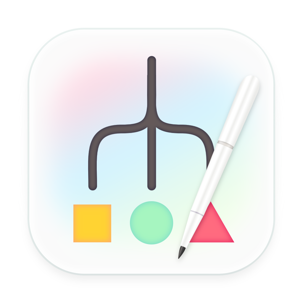 The app icon for Choicelab. A simple, geometric tree with three branches traverses down. Each branch has an icon: respectively, a yellow square, a seafoam-green circle, and a red triangle.